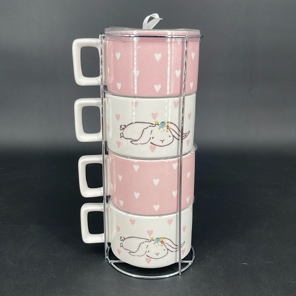 New~Grace Ceramic Hippity Hop Easter Spring Set of 4 Stackable Bunny Heart